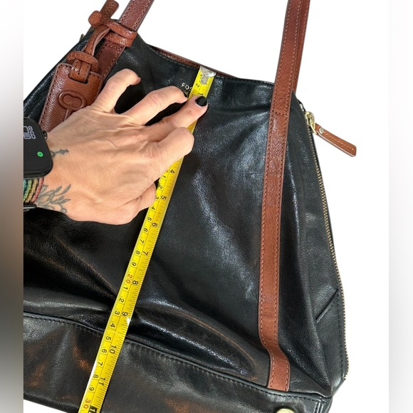 Fossil 2 in One Tote Expandable Black Brown Goat Hide Leather Side Zippers - Picture 11 of 11